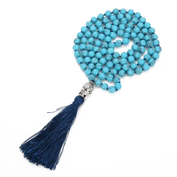 

Balibali Buddhism Blue Stone 108 Mala Head Healing Balance Player Necklace Pendants Buddha Statement Necklace for Women Men