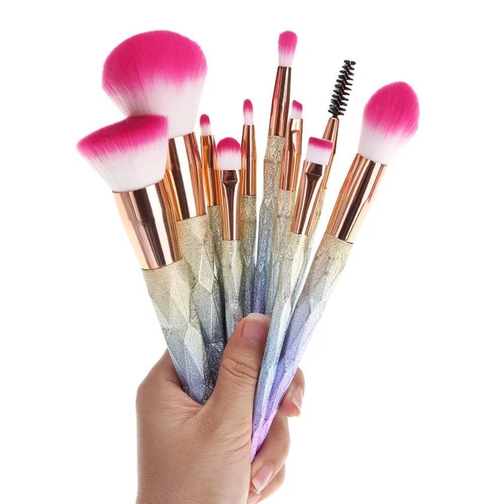 

10Pcs Diamond Rose Gold Makeup Brush Set Mermaid Fishtail Shaped Foundation Powder Cosmetics Brushes Rainbow Eyeshadow Brush Kit