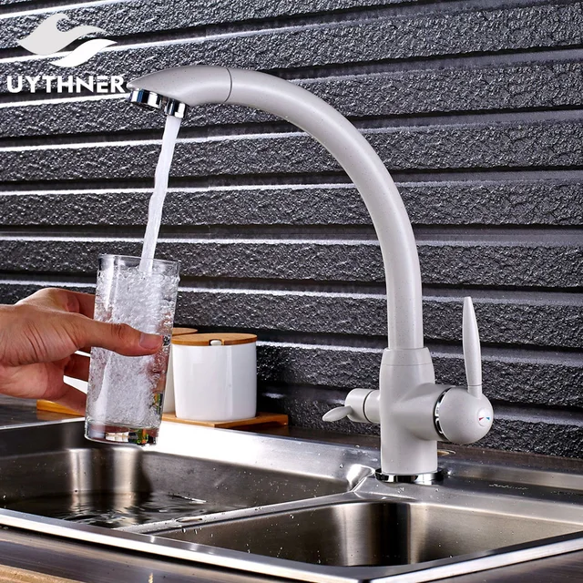 Special Price Uythner Chrome & White Finished Kitchen Faucet with Two Spout Two Switch Deck Mounted Mixer Tap