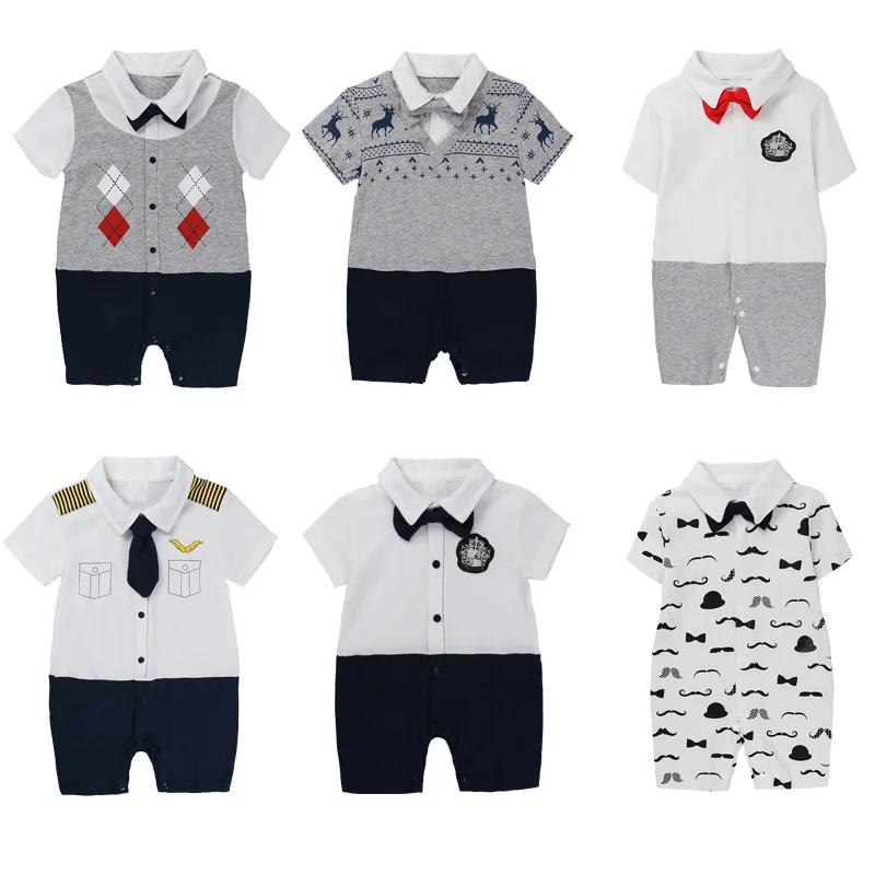 

2018 New Summer Spring Newborn Mustache Gentleman Cotton Short-sleeved Romper Bow Tie Small Captain Baby Clothes