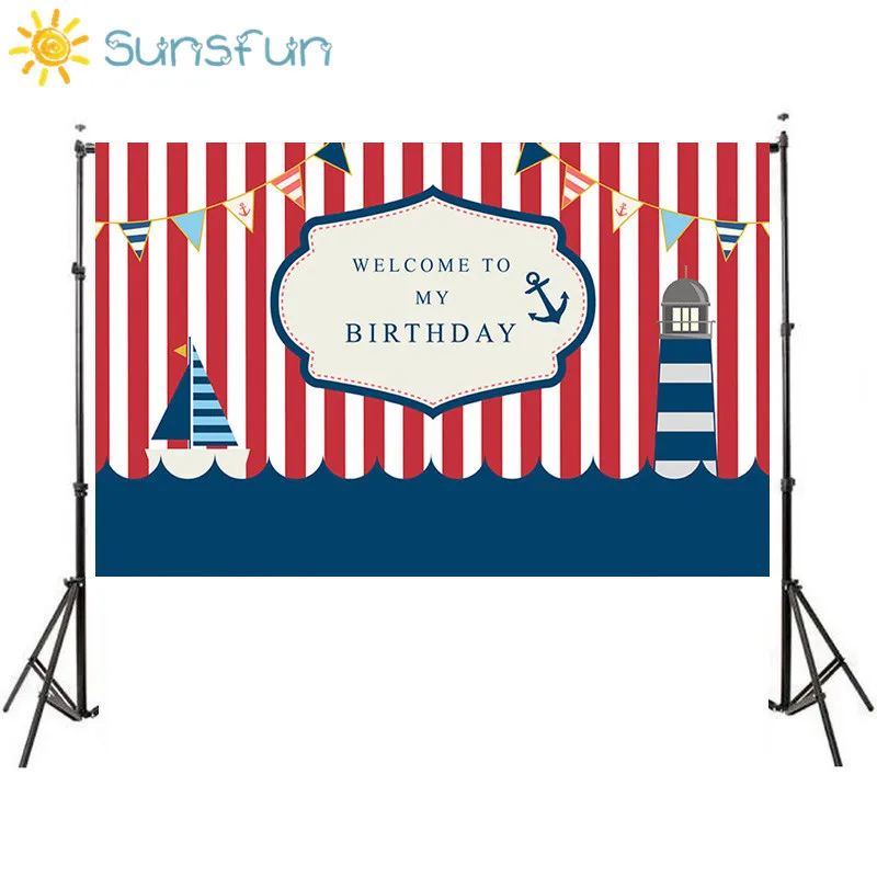 

Sunsfun 7x5FT Naval Theme Birthday Party Red White Stripes Ship Flags Backdrop Photobooth Photo Studio 220cm x 150cm