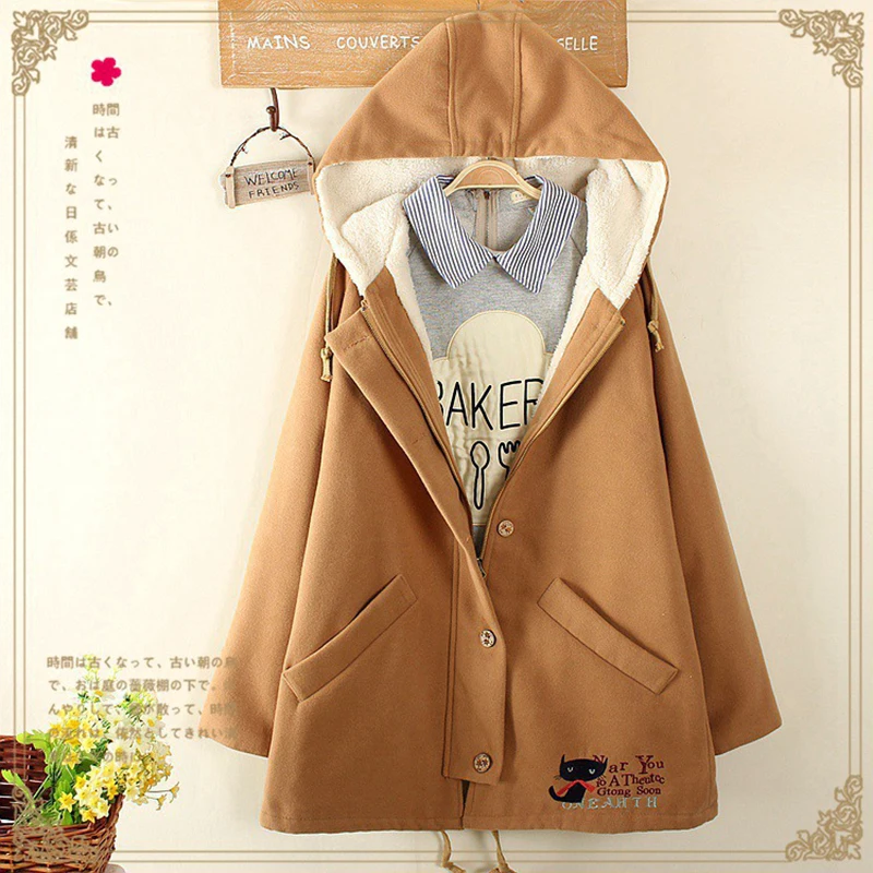 

Japanese Autumn Winter Women Wide Wasited Hooded Coats Cartoon Cat Embroidered Female Casual Solid With Velvet Single Coat T363