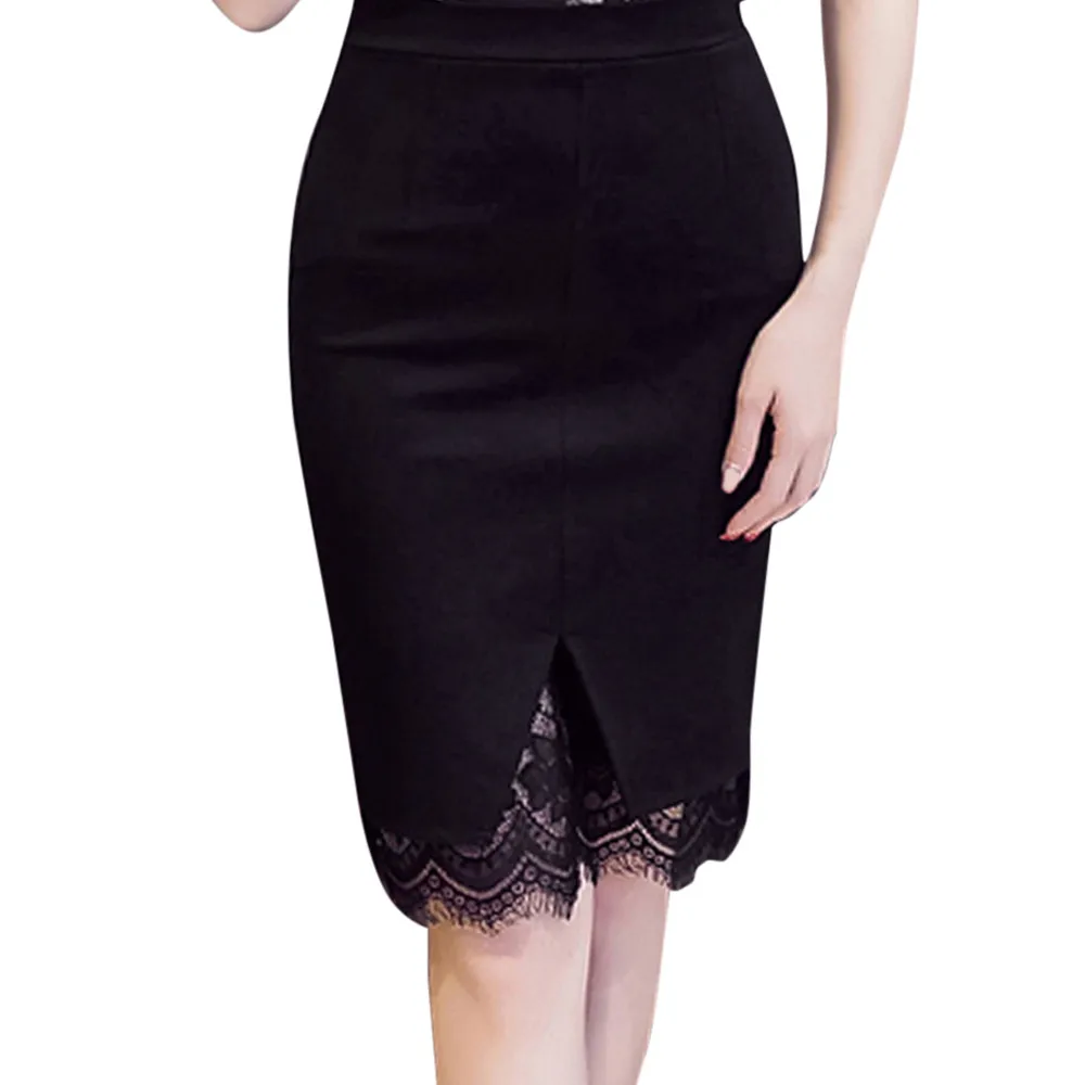 Корейская мода дамы плотно сплошной цвет Простой Элегантный кружево Карандаш офис вечерние по колено молния тонкая юбка пикантная