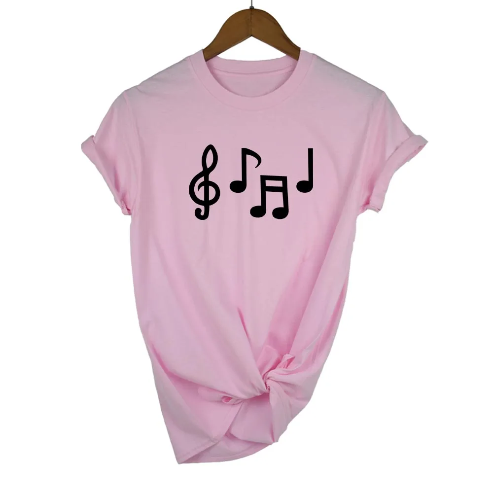Забавная Футболка с принтом музыкальных нот, женские летние футболки с коротким рукавом, футболки Harajuku, повседневные топы для девочек, брендовая футболка - Цвет: pink black
