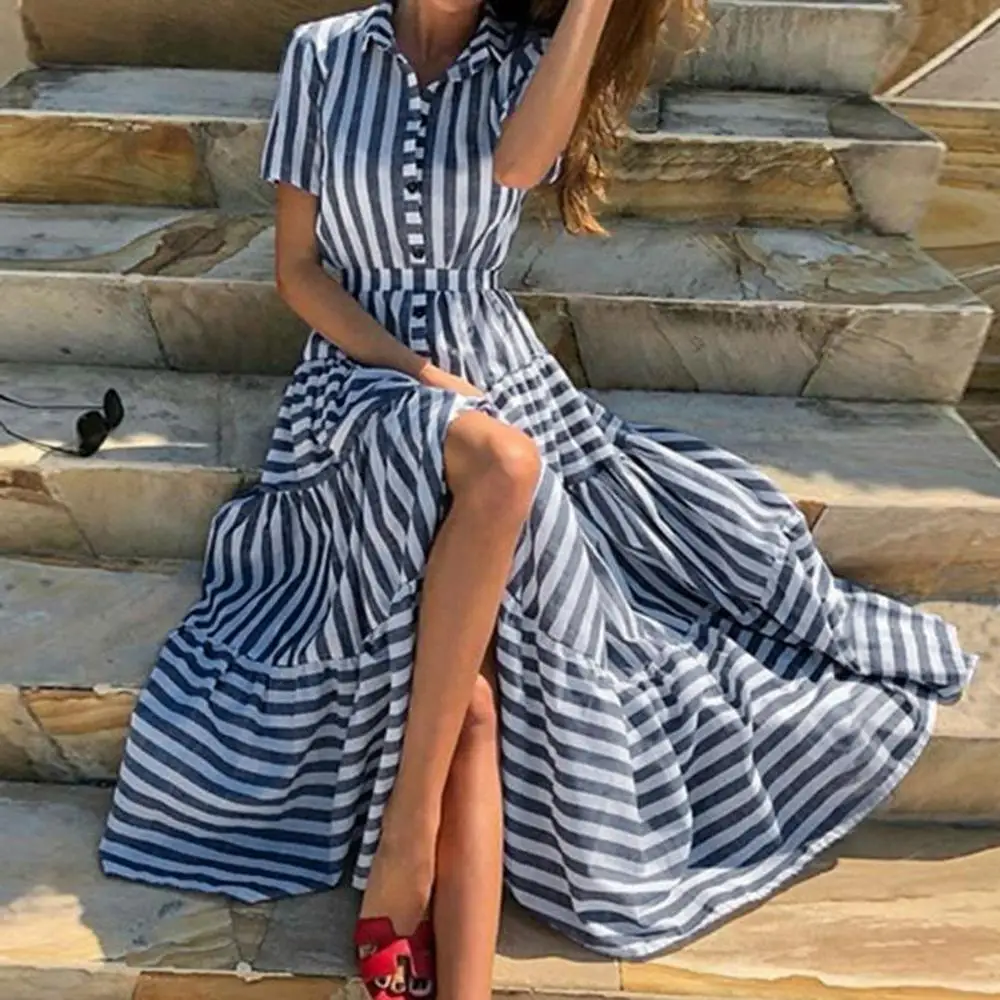 

2019 Women's Boho Maxi Dress Summer Casual Striped Long Party Dresses Fashion Button Short Sleeve Swing Dress vestidos mujer