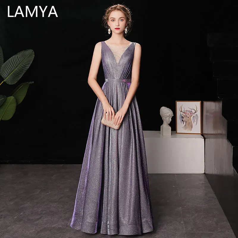 

LAMYA Robe De Soiree V-neck Reflective With Crystal Long Evening Party Dress Elegant A Line Sparkle Prom Dresses