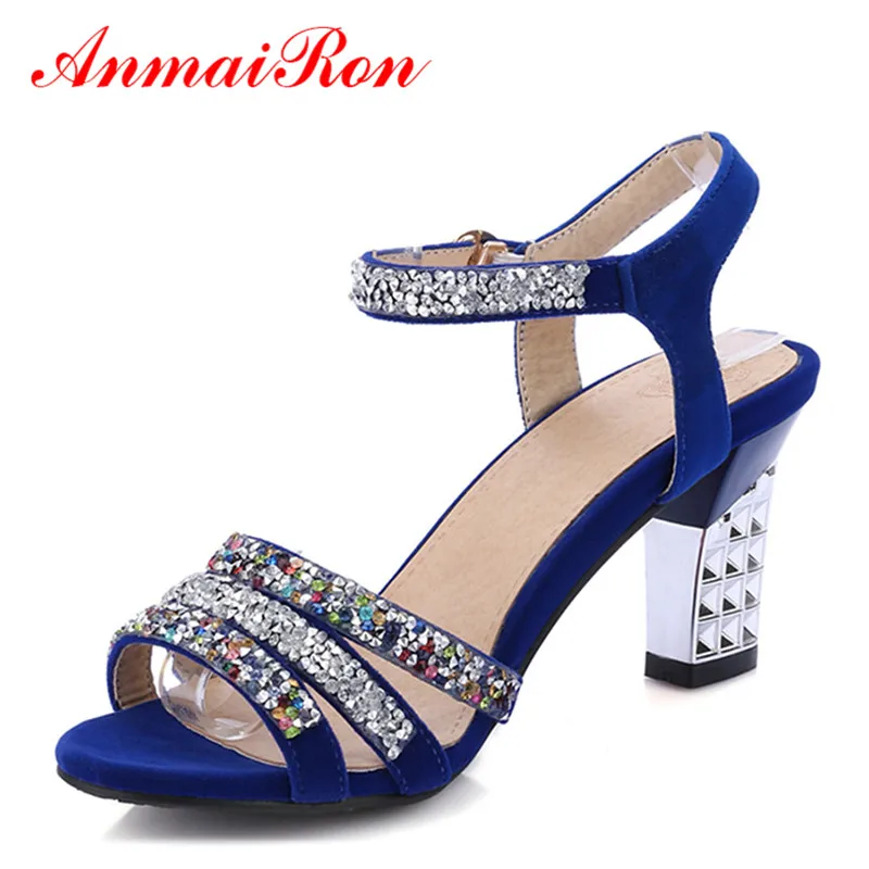 

ANMAIRON Women's High Heels Fashion Sandals Pointed Toe Rhinestone 3 Colors Blue New Party Sandals Shoes Woman Large Size 34-43