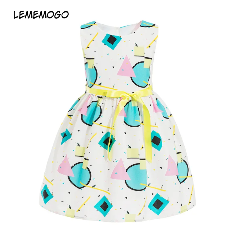 

lememogo New Summer Party Wedding Dresses Girls Children Sleeveless Geometric Pattern Princess Dress For Girl Sashes Dress 4-8Y