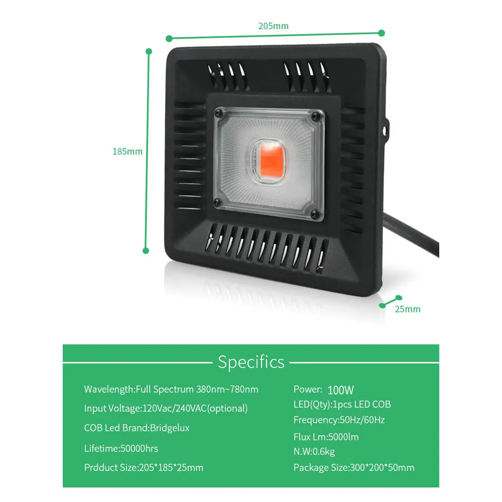 BUYBAY полный спектр светодиодный Grow светильник Водонепроницаемый IP67 100W 200W 300W COB рост потолочные светильник для завода Крытый гидропонное парниковых