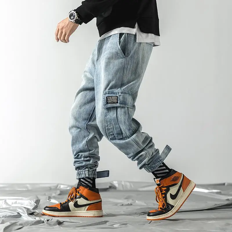 

M-5XL Mens Hip Hop Jeans Big Sizes Korean Style Men Streetwear Multi Pockets Baggy Jeans Ankle Length Workout Denim Pants XXXXXL