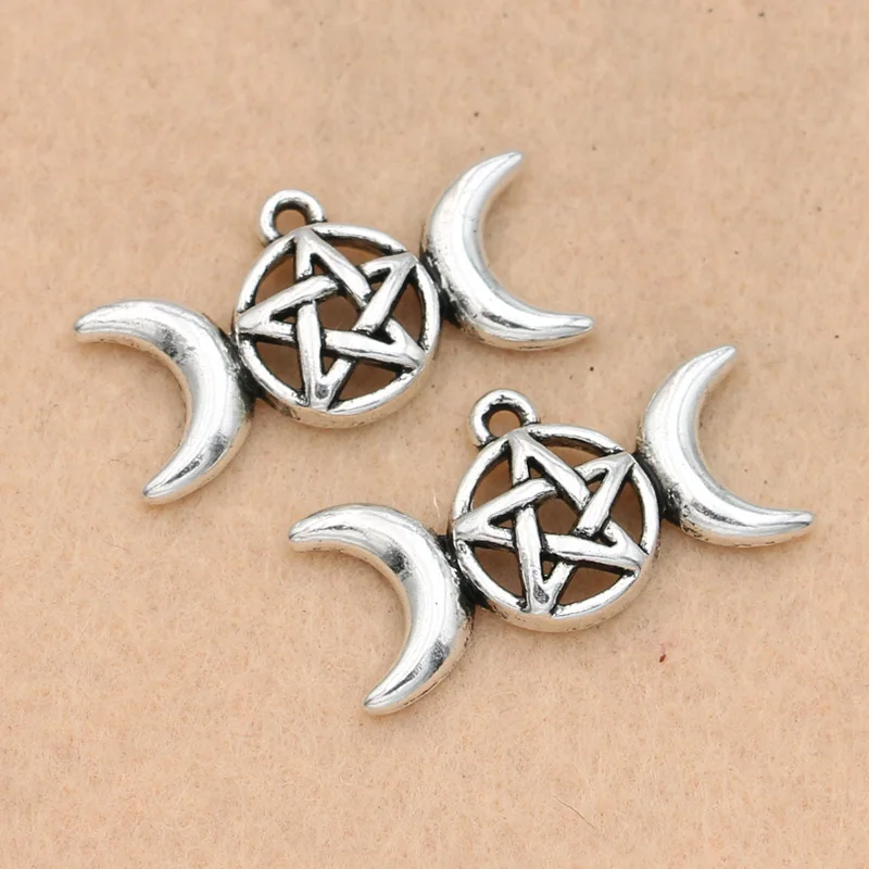 

KJjewel Antique Silver Plated Triple Moon Symbol Star Charms Pendants Jewelry Making Bracelet DIY Jewelry Findings 30x16mm