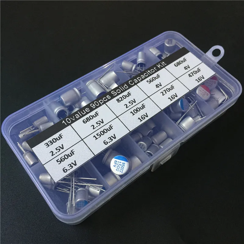 

10values 90pcs solid capacitor assorted kit 2.5V/4V/6.3V/16V 100uF 270uF 330uF 470uF 560uF 680uF 1500uF with free storage box
