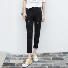 Базовые джинсовые Дырчатые Джинсы женские винтажные черные рваные джинсы в мужском стиле брюки женские повседневные Летние джинсы капри