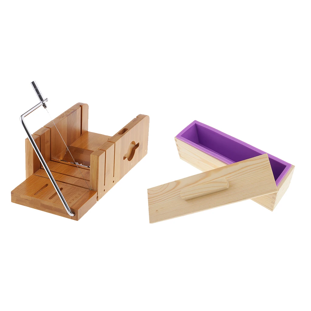 2 Pcs/set Soap Making Multifunctional Soap Cutters with Beveler Wire Slicer + 900ml Silicone Soap Loaf Mould Wood Box with Lid