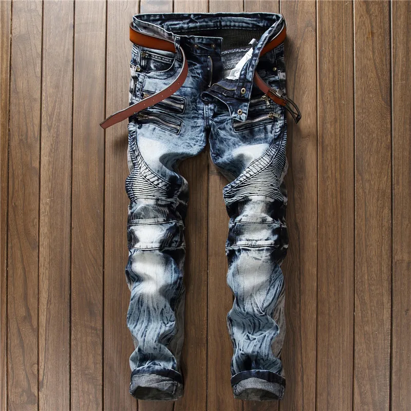 

Jeans Men 2018 Designer Korean Street Style Biker Blue Patchwork Denim Ripped Skinny Men's Casual Zipper Hip Hop Jean Streetwear