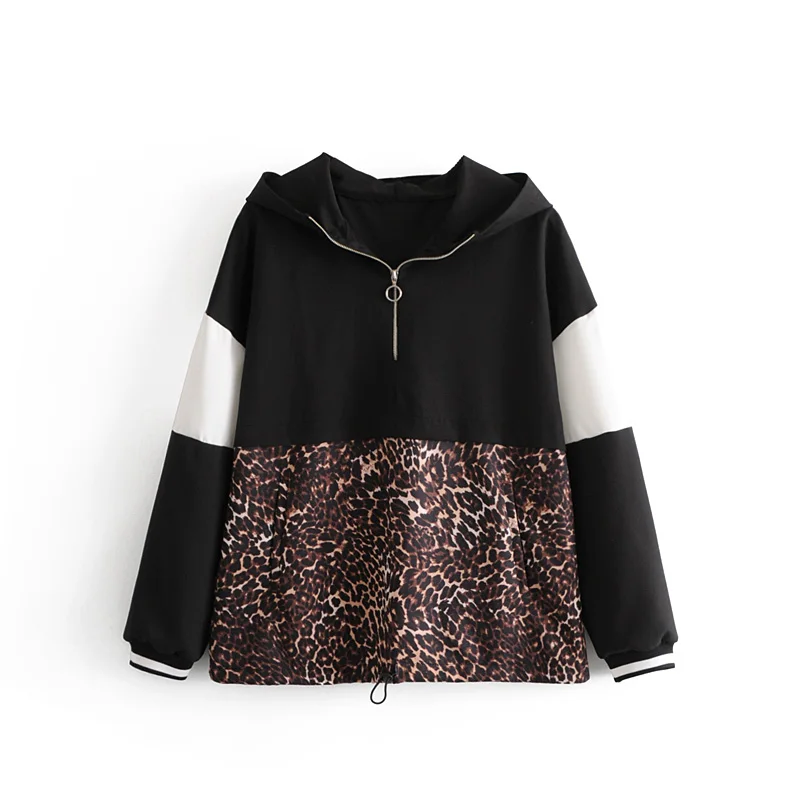 

Women vintage leopard print patchwork casual hoodies ladies fashion long sleeve hooded sweatershirts zipper deco chic tops H028