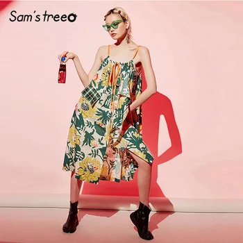 

Samstree Women Print Spaghetti Strap Dress Women Plus Size A-Line Boho Holiday Dresses 2019 Buttons Strapless Female Beach Dress