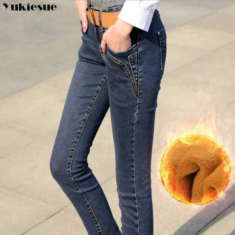 Skinny jeans woman high waist slim stretch denim pencil pants women jeans 2017 winter warm fleece push up jeans femme mujer