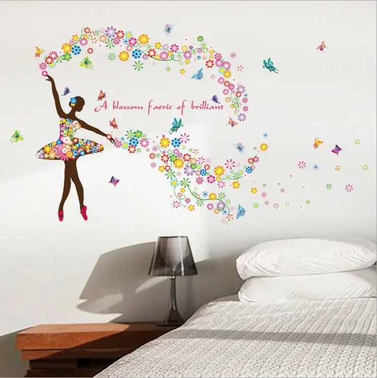 

DIY 60*90cm Romantic Beautiful Girl Wall Sticker For Kids Rooms Flower Butterfly Fairy Girl Riding Wall Decal Home Decor Mural