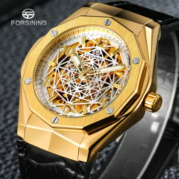 

Forsining Brand Unique Irregular Shape Dial Black Genuine Leather Automatic Self-wind Watches For Men Luminous Hands Sport Clock
