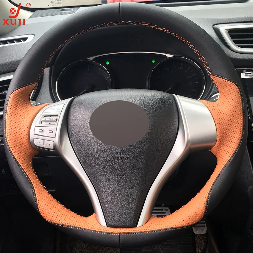 XUJI Orange Black Leather DIY Car Steering Wheel Cover for Nissan Teana