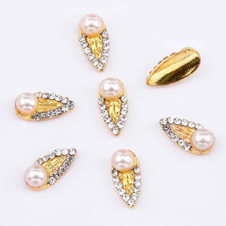 10pcs Gold metal nail decorations geometrical nail stone nagel steentjes pearl rhinestone japanese art jewelry styles TCJ127