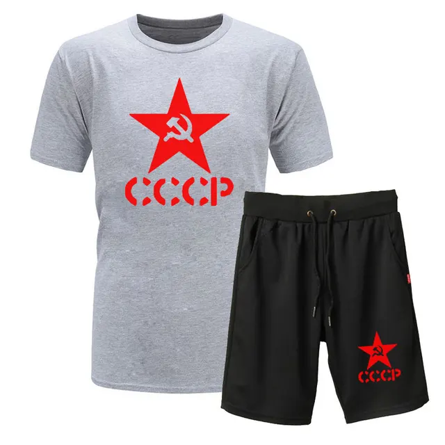 2019 Summer men/women CCCP Russian T Shirts USSR Soviet Union Man Short sleeve Tshirt+Shorts Moscow Russia Mens Cotton Tees suit 2