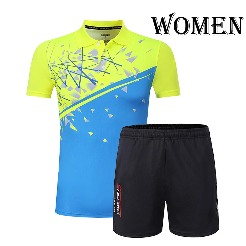Мужские/женские теннисные майки, наборы, дизайн, спортивный костюм, шорты с майкой, дышащие быстросохнущие для бадминтона и настольного тенниса, спортивная одежда - Цвет: Women Green Blue
