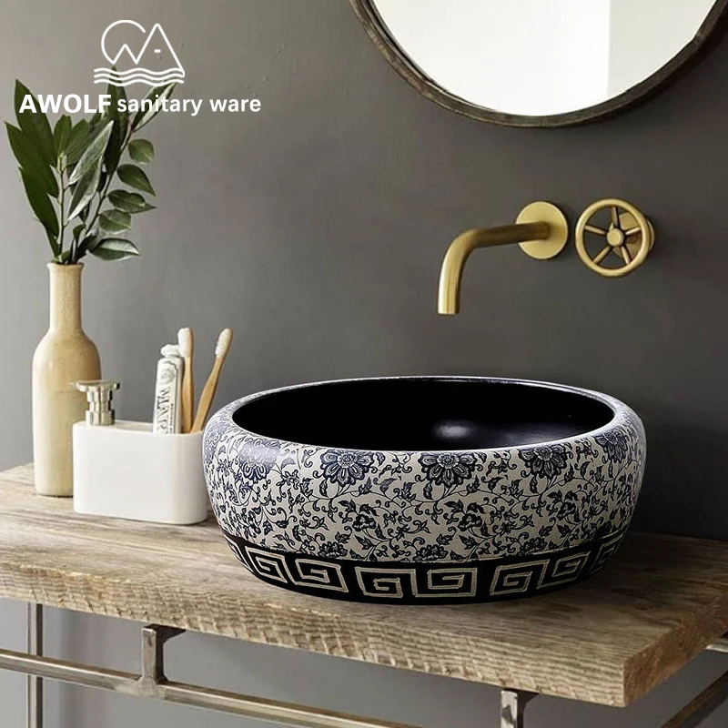 

Art Bathroom Sinks Antique Ceramic Vessel Washing Basin Bowl Blue And White China Restore Ancient Ways Lavatary Sink AM883