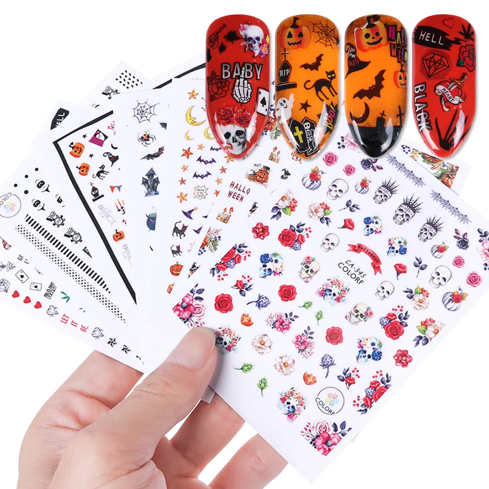 

1 sheet Halloween Design 3D Nail Art Stickers Pumpkin Skull Black Cat Nail Decorations Autumn Bat 3D Nail Decal Tips LACA338-346
