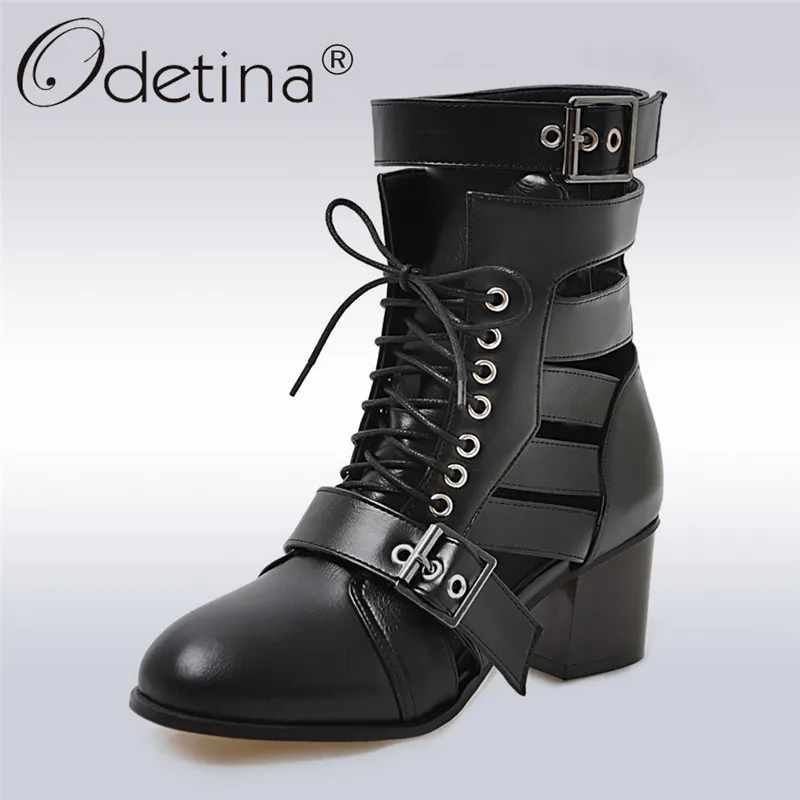 Odetina/модные женские ботильоны с резным узором Летние ботинки на шнурках пряжкой