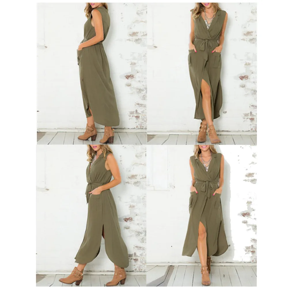 

2019 Fashion Single Bohemian Solid Color Belt Sleeveless Chiffon Pocket Maxi Dress Robe maxi en mousseline 40*