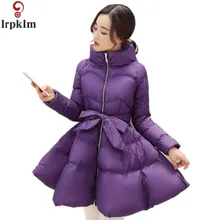 2017 Newest Parka Jacket Bow Knot Thick Coat Stand Collar Overcoat Zipper Topcoat A Shape Outerwear Winter Slim Skirt YY36