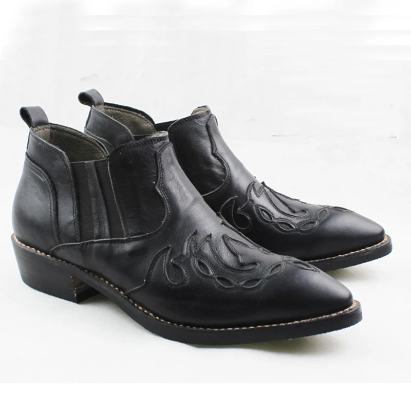 Punk Short Boots Men Pointed Black Western Cowboy Boots Men Cowhide 