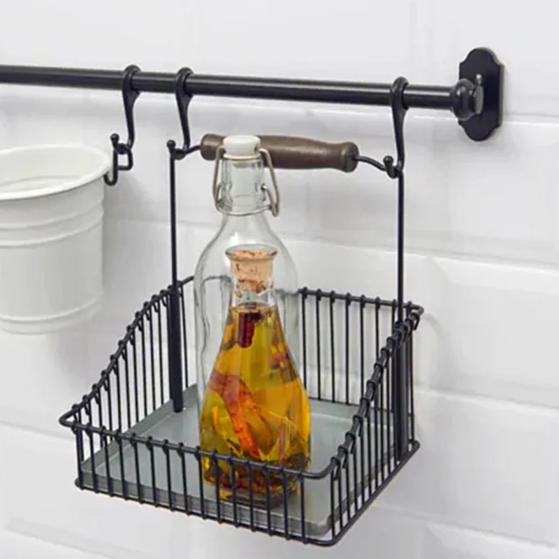

Steel shelf Storage Basket Shelf Rack With Handle Black For Spices Herbs Vinegar Kitchen Home Potted Hanging Shelf For Spices