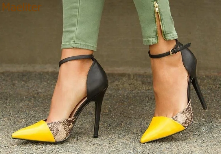 Women Black Yellow Patchwork Snakeskin Pumps Sexy Stiletto Heels Python Shallow Cut Banquet Shoes Buckle Strap Color Block Shoes