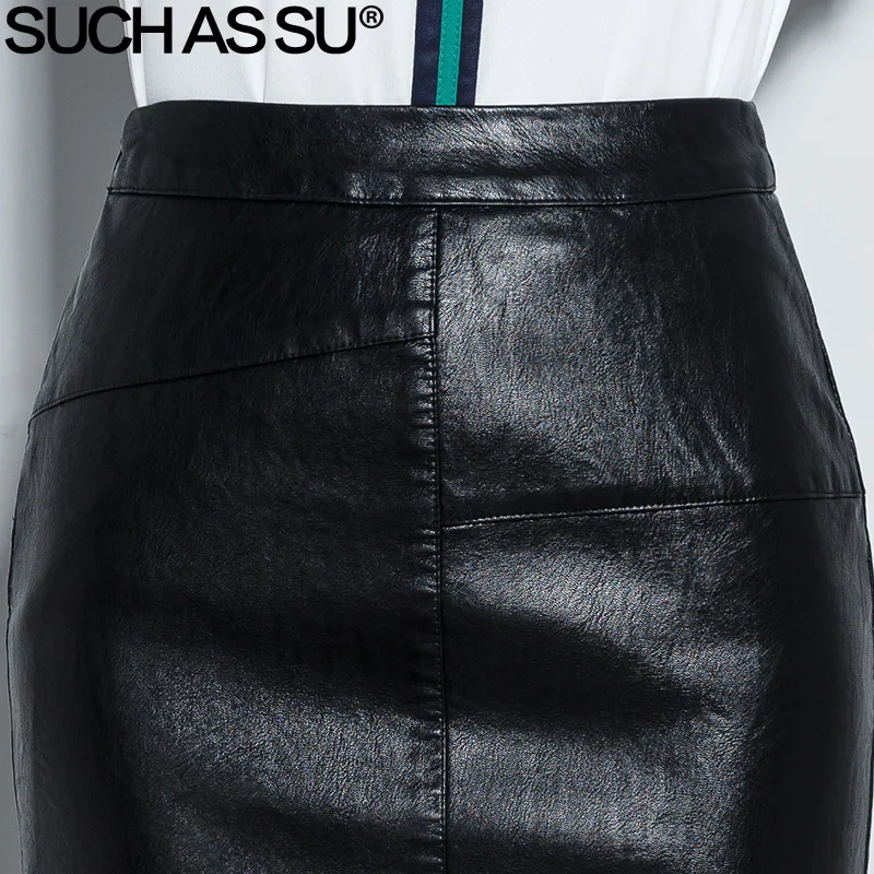 SUCH AS SU New 2017 High Quality Fall Winter Women Pencil Skirt Black High Waist PU Leather Skirts S-3XL Female Mid-Long Skirt Skirts