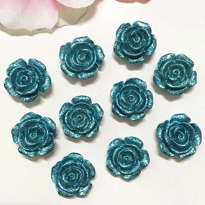 

50PCS 14mm Resin Rose Flower flatback Appliques For phone wedding Craft lake blue