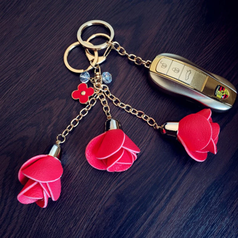 TIOODRE fashion Leather Rose Flower Car Keychain Cute Tassel Flower Key Chain Women Key Rings