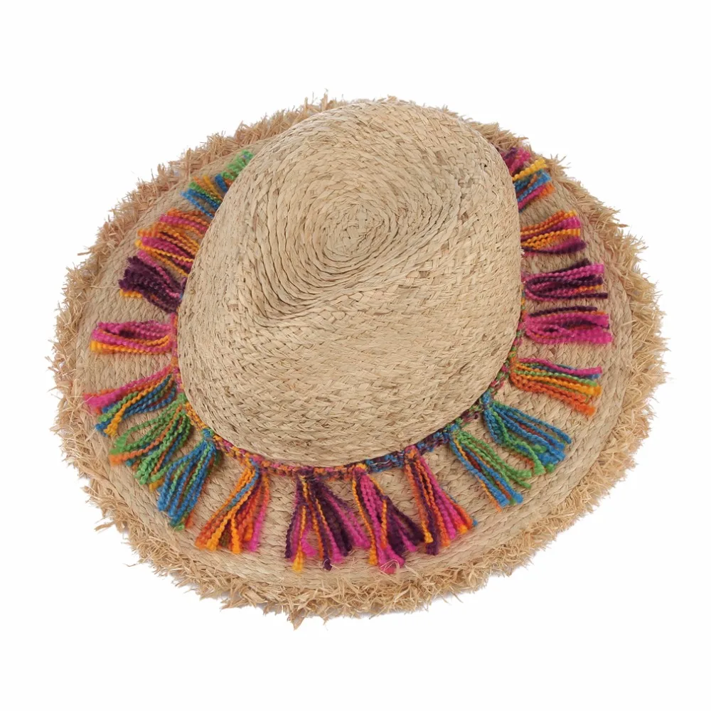 Bohemian Ethnic Beach Hats For Ladies Tassel Rope Large Brim Sun Hat ...