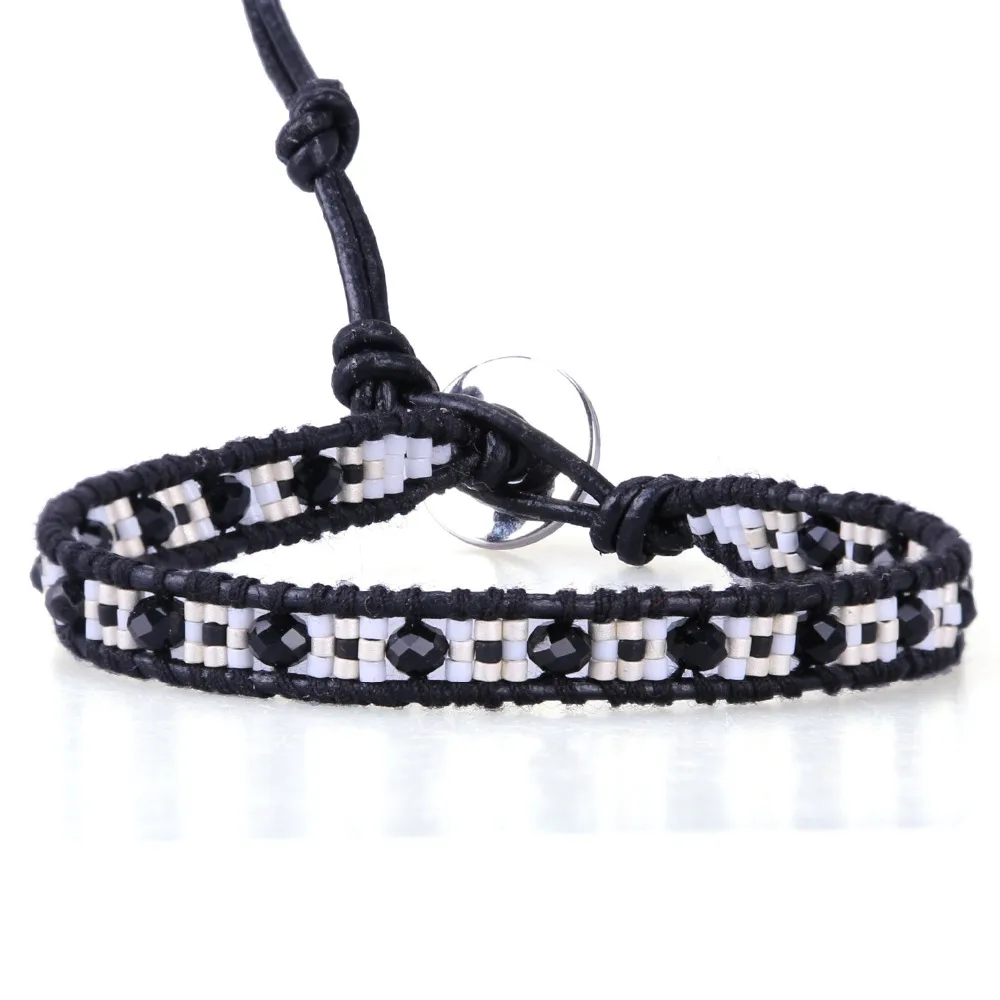 

KELITCH Seed Beaded Bracelets Mix Crystal Single Wrap Bracelet Handmade Leather Fashion Women/Men Trendy Jewelry Hand Chain