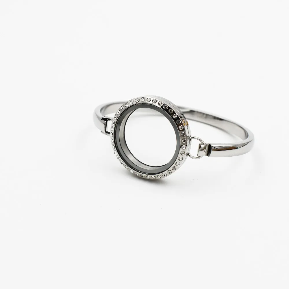 

5PCS 30MM 7INCH Stainless Steel Locket Bangles Silver With Crystal Round Shape Floating Memory Locket Bracelets Jewelry