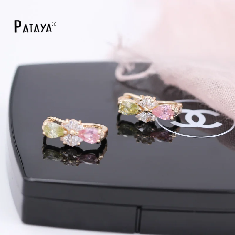 PATAYA, цветные длинные серьги для девушек, 585, розовое золото, Eeardrop, Розовый Природный Цирконий, модные ювелирные изделия, роскошные серьги с кристаллами