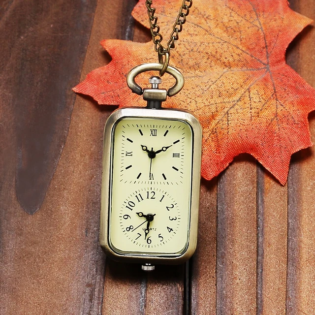 Vintage Bronze Quartz Pocket Watch Dual Double Time Zone Movement Necklace P11 Vintage Bronze Quartz Pocket Watch Dual Double Time Zone Movement Necklace P11