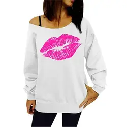Модные толстовки и свитшоты для женщин, повседневный сексуальный пуловер с принтом губ, наклонное плечо, топ с длинными рукавами