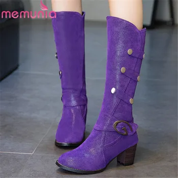 

MEMUNIA 2020 new arrival mid calf boots women round toe autumn winter high heels shoes rivet buckle ladies boots big size 48