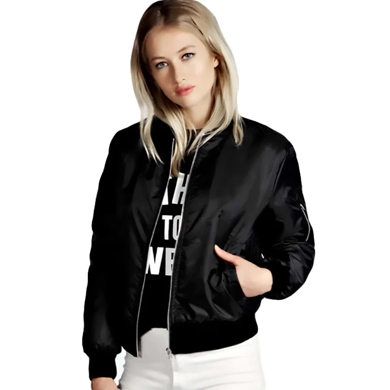 Liva Girl Black Casual Bomber Jacket Long Sleeve Stand Collar Autumn