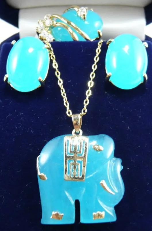 

wholesale noble blue jade stud earrings ring(#6.7.8) elephant pendant jewelry set