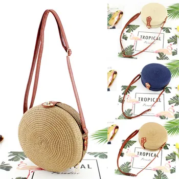 

2019 Fashion Beach Straw Woven Bags Rattan Basket Shoulder Bag Round Handbag