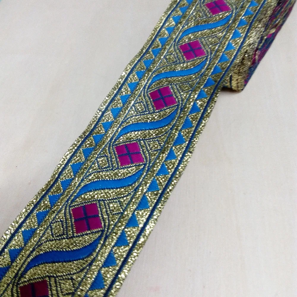 

4cm 40mm 1-5/8' Delicate Hot Pink Sky Blue Gold Filigree Ribbon Geometric Rhombus Trim Wedged Laciness National Jacquard Webbing